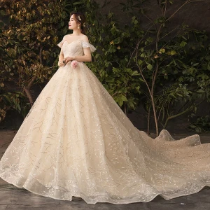 Sparkly Bling Bling Champagne Wedding Dresses 2019 A Line Princess Lace Tulle Floral Plus Size Embroidered Glitter Sequins Strapless Chapel Train Wedding