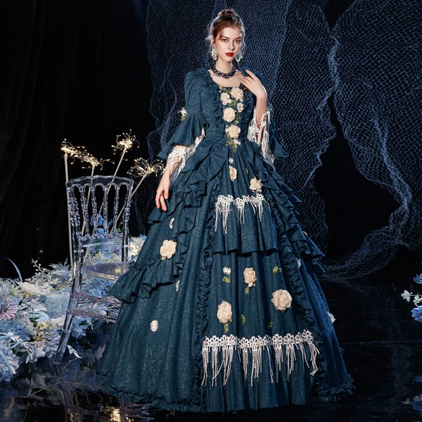 Vintage / Retro Medieval Victorian Style Ink Blue Ball Gown Prom Dresses 2021 Square Neckline Crossed Straps Floor-Length / Long 3/4 Sleeve 3D Lace Flower Pearl Tassel Printing Cosplay Prom Formal Dresses