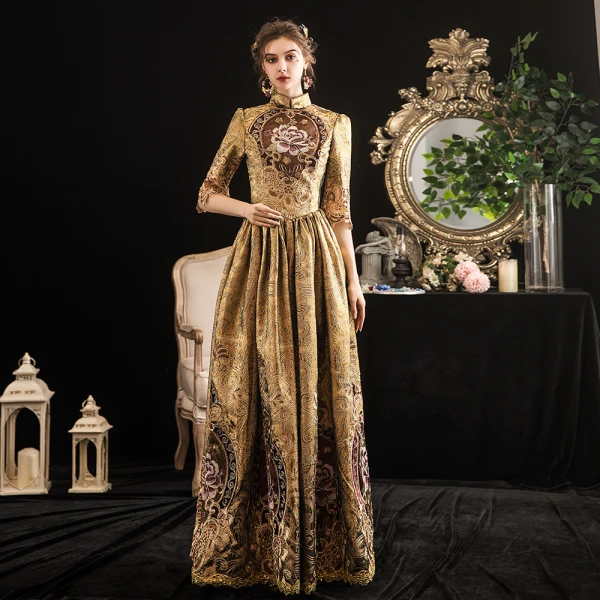 Vintage / Retro Medieval Gold Ball Gown Prom Dresses 2021 1/2 Sleeves High Neck Floor-Length / Long Zipper Up 3D Lace Printing Satin Cosplay Formal Dresses