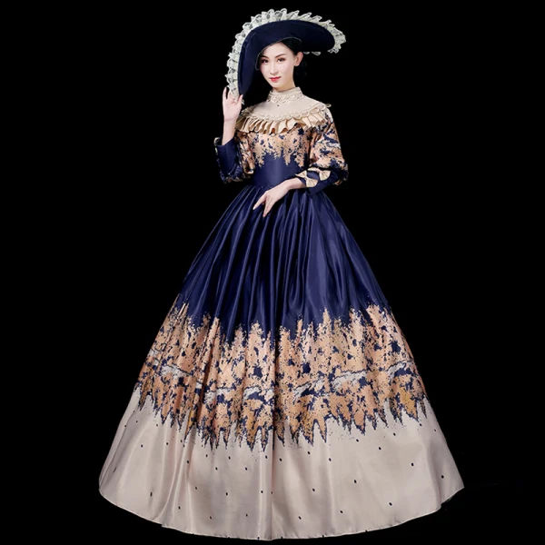 Vintage / Retro Medieval Navy Blue Ball Gown Prom Dresses 2021 Scoop Neck Long Sleeve Floor-Length / Long Lace Satin Printing Prom Formal Dresses