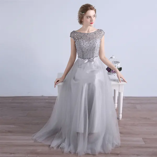 Affordable Bridesmaid Dresses 2017 A-Line / Princess Short Sleeve Backless Pearl Tulle Sash Floor-Length / Long Wedding Party Dresses