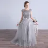 Affordable Bridesmaid Dresses 2017 A-Line / Princess Short Sleeve Backless Pearl Tulle Sash Floor-Length / Long Wedding Party Dresses