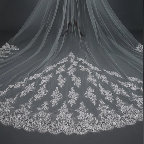 Mooie / Prachtige Witte Huwelijk Kant Tule Appliques Cathedral Train Bruidssluier 2017