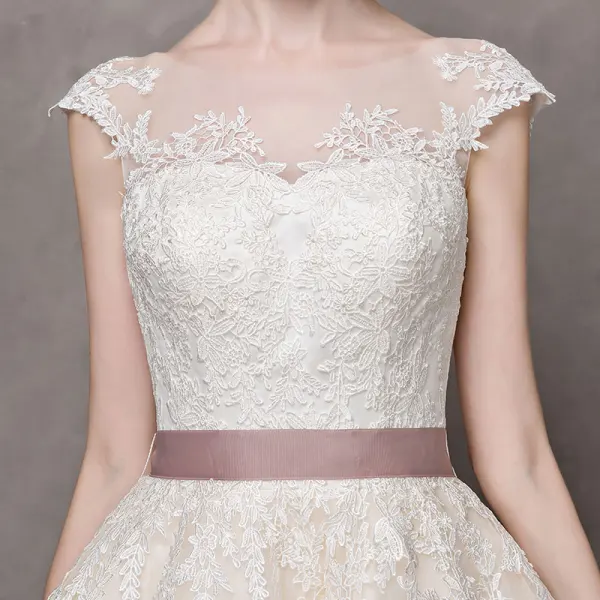 Elegant Champagne Wedding Dresses 2017 A-Line Princess Square Neckline Short Sleeve Lace