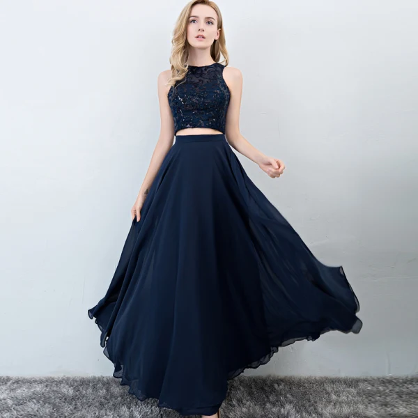 2 Pièces Bleu Marine Robe De Bal 2017 Princesse Encolure Dégagée Sans Manches Longue Volants Chiffon Robe De Ceremonie