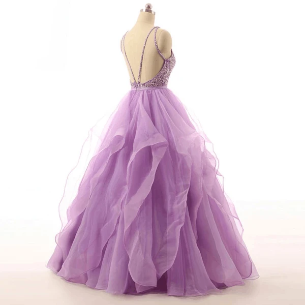 Romantic Lilac Prom Dresses Ball Gown Scoop Neck Sleeveless Backless Spaghetti Straps Organza Formal Dresses