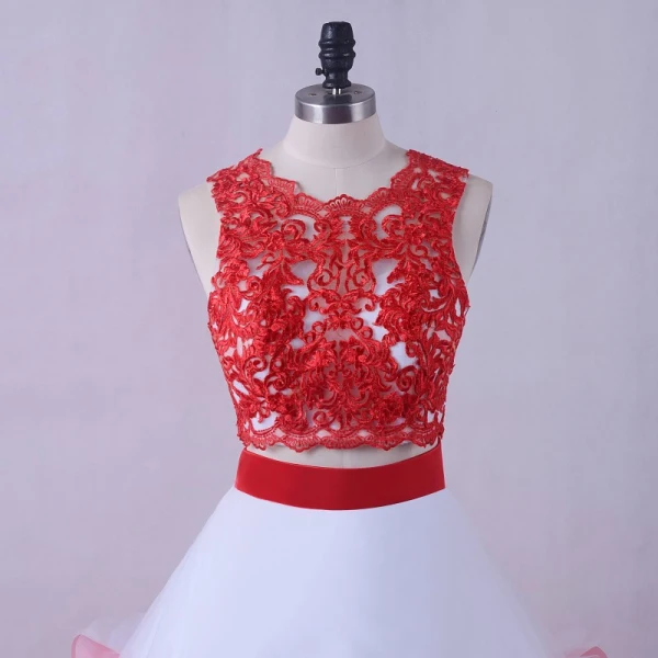 red and white homecoming dress White Tulle Short Red Lace Prom Dresses, Short Red Lace Homecoming Dresses main image 1