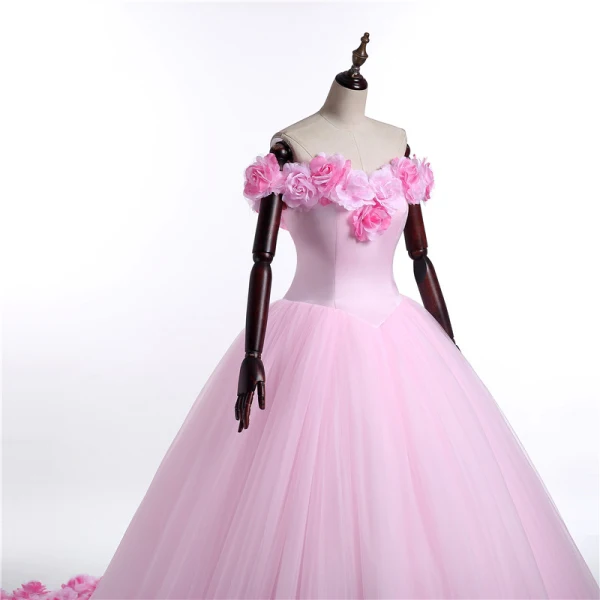 Stunning Candy Pink Flower Wedding Dresses 2017 V-Neck Off-The-Shoulder Ruffle Tulle Ball Gown Prom Dresses Chapel Train