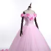 Étourdissant Rose Bonbon Fleur Robe De Mariée 2017 V-Cou De l'épaule Volants Tulle Robe Boule Robe De Bal Chapel Train