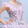 Stunning Amazing / Unique Wedding Dresses 2017 Scoop Neck Sleeveless Appliques Bow Lace Blushing Pink Flower Grey Organza Ball Gown Prom Dresses Chapel Train