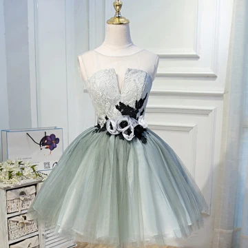 Chic Belle Vert Cendré Robe De Cocktail 2017 Princesse Organza U Cou Appliques Dos Nu Brodé De Retour Cocktail Robe De Ceremonie