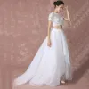 2 Piece Beach Wedding Dresses White 2017 A-Line / Princess Square Neckline Short Sleeve Bow Backless Tulle Lace Floor-Length / Long