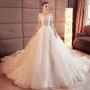 Stunning Ivory Wedding Dresses 2017 A-Line / Princess Scoop Neck Long Sleeve Appliques Lace Flower Beading Pearl Organza Chapel Train