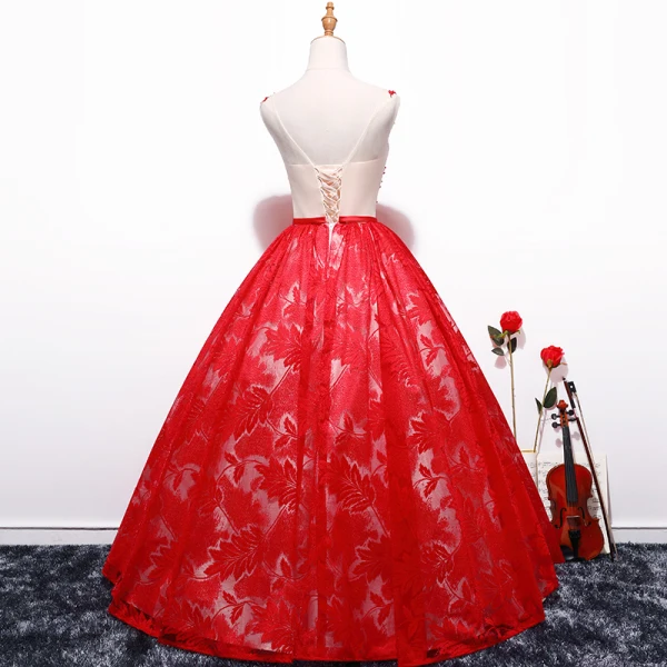 Chic / Beautiful Red Prom Dresses 2018 Ball Gown Tulle V-Neck Embroidered Appliques Backless Prom Formal Dresses