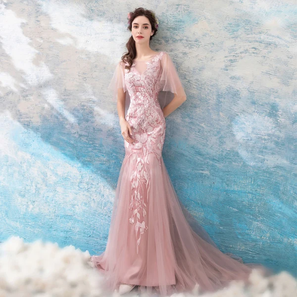 Modern / Fashion Blushing Pink 2018 Evening Dresses Summer V-Neck Tulle Lace Appliques Backless Floor-Length / Long Trumpet / Mermaid Evening Party Formal Dresses