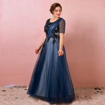 Classic Elegant Navy Blue Plus Size Evening Dresses 2018 A Line Princess U Neck Tulle Crossed Straps Appliques Backless Beading Summer Short Sleeve Evening Party Formal Dresses
