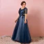 Classique Élégant Bleu Marine Grande Taille Robe De Soirée 2018 Princesse U-Cou Tulle Bretelles croisées Appliques Dos Nu Perlage Été Manches Courtes Soirée Robe De Ceremonie