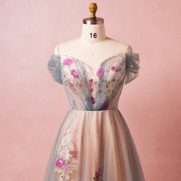 Flower Fairy Ocean Blue Plus Size Prom Dresses 2018 A-Line / Princess Tulle V-Neck Backless Printing Prom Spring Evening Party Evening Dresses