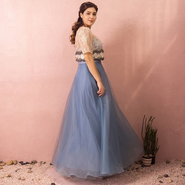 Chic / Beautiful Sky Blue Plus Size Evening Dresses 2018 A-Line / Princess U-Neck Tulle Appliques Backless Beading Evening Party Prom Dresses