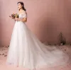 Luxury / Gorgeous Ivory Plus Size Wedding Dresses 2018 A-Line / Princess Tulle U-Neck Lace-up Appliques Backless Beading Sequins Wedding