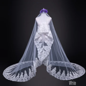 Chic Belle Blanche Mariage Tulle En Dentelle Appliques Cathedral Train Voile De Mariée 2018