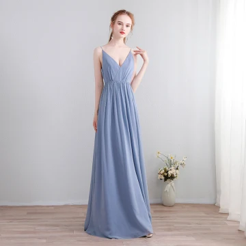 Modest Simple Sky Blue Floor Length Long Evening Dresses 2018 A Line Princess Chiffon V Neck Lace Up Buttons Backless Evening Party Formal Dresses