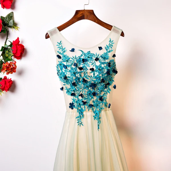 Chic / Beautiful Floor-Length / Long Pool Blue Evening Dresses  2018 A-Line / Princess Tulle U-Neck Lace-up Appliques Backless Evening Party Formal Dresses