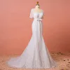 Chic / Beautiful Ivory Plus Size Chapel Train Wedding Dresses 2018 Trumpet / Mermaid V-Neck Tulle 1/2 Sleeves Appliques Pierced Wedding