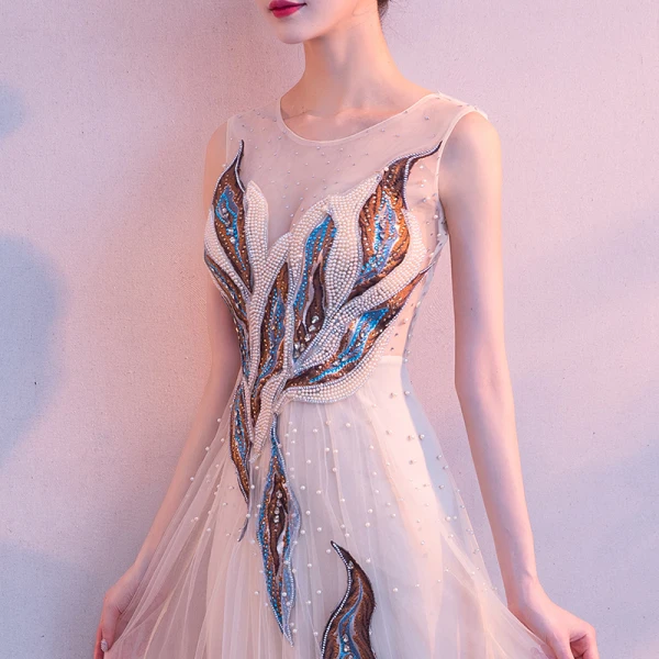 Amazing / Unique Beige Floor-Length / Long Evening Dresses  2018 A-Line / Princess U-Neck Tulle Backless Beading Pearl Sequins Evening Party Formal Dresses
