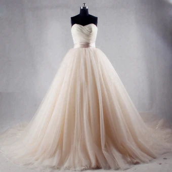 Modest Simple Champagne Chapel Train Wedding 2018 Tulle Ball Gown Puffy Strapless Sleeveless Wedding Dresses