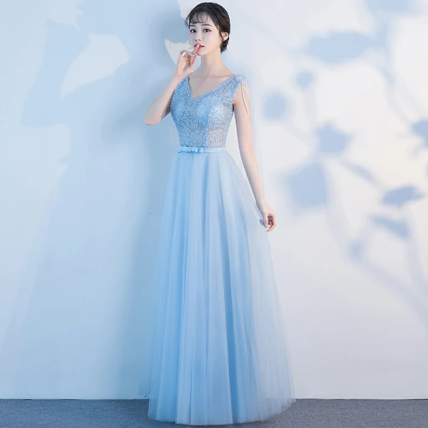 Chic / Beautiful Sky Blue Floor-Length / Long Evening Dresses 2018 A-Line / Princess V-Neck Tulle Appliques Backless Beading Pearl Pierced Evening Party Formal Dresses