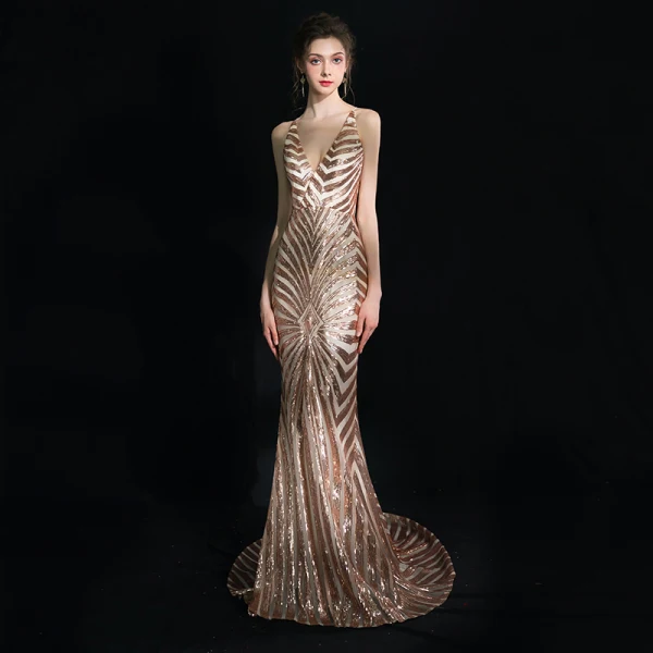 Modern / Fashion Champagne Court Train Evening Dresses 2018 V-Neck Trumpet / Mermaid Zipper Up Backless Beading Sequins Polyester Evening Party Formal Dresses