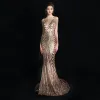 Modern / Fashion Champagne Court Train Evening Dresses  2018 V-Neck Trumpet / Mermaid Zipper Up Backless Beading Sequins Polyester Evening Party Formal Dresses