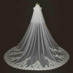 Chic Beautiful Ivory Lace Tulle Cathedral Train Appliques 3 M Wedding Veils 2018