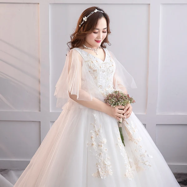 Schöne Weiß Übergröße Brautkleider / Hochzeitskleider 2019 A Linie Tülle Spitze V-Ausschnitt Applikationen Rückenfreies Kapelle-Schleppe Hochzeit