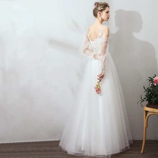 Modest / Simple White Evening Dresses 2019 A-Line / Princess Lace Tulle U-Neck Long Sleeve Appliques Backless Embroidered Honeymoon Resort Wear Summer Formal Dresses