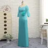 Classic Elegant Jade Green A-Line / Princess Mother Of The Bride Dresses 2019 Floor-Length / Long V-Neck Lace Organza Handmade  Beading Sequins Appliques Backless Church Wedding Party Dresses