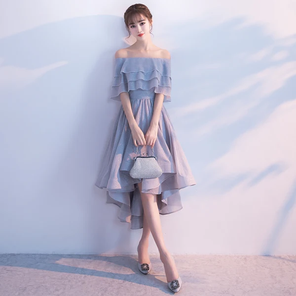 Glitter Argenté Robe De Cocktail 2017 De l'épaule Volants Asymétrique Robe De Ceremonie