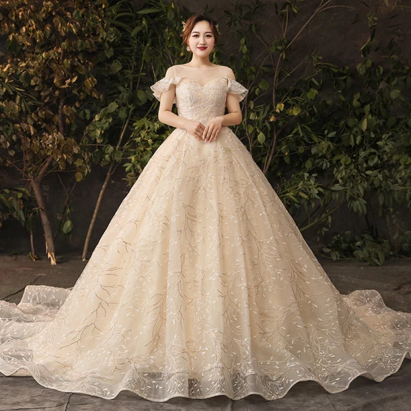 Sparkly Bling Bling Champagne Wedding Dresses 2019 A-Line / Princess Lace Tulle Floral Plus Size Embroidered Glitter Sequins Strapless Chapel Train Wedding