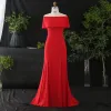 Modest / Simple Red Plus Size Evening Dresses  2020 Trumpet / Mermaid Off-The-Shoulder Zipper Up Solid Color Sleeveless Backless Sweep Train Evening Party Formal Dresses