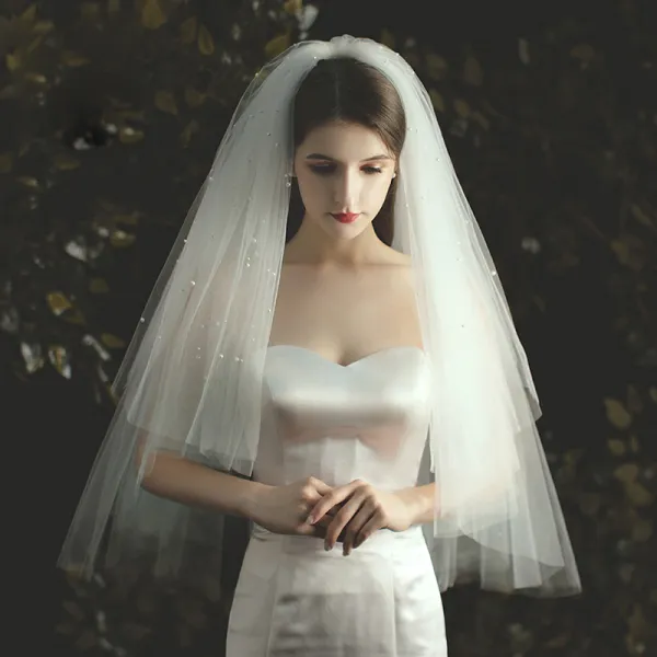 Romantic Ivory Short Wedding Veils 2020 Tulle Beading Pearl Wedding