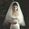 Romantisch Ivoor Korte Bruidssluier 2020 Tule Kralen Parel Huwelijk