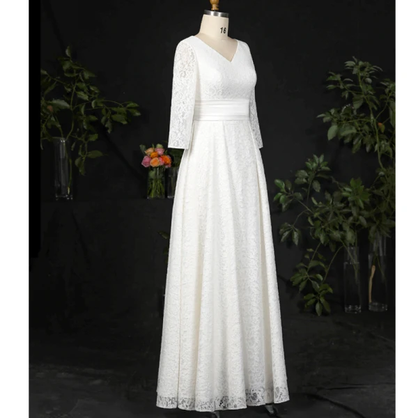 Classic Elegant Ivory Plus Size Wedding Dresses 2020 A-Line / Princess V-Neck Floor-Length / Long Lace Satin Long Sleeve Checked Embroidered Solid Color Wedding