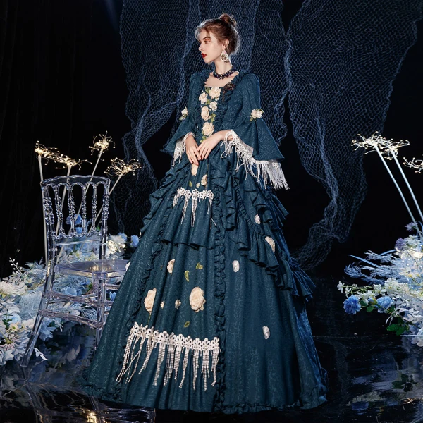 Vintage / Retro Medieval Victorian Style Ink Blue Ball Gown Prom Dresses 2021 Square Neckline Crossed Straps Floor-Length / Long 3/4 Sleeve 3D Lace Flower Pearl Tassel Printing Cosplay Prom Formal Dresses