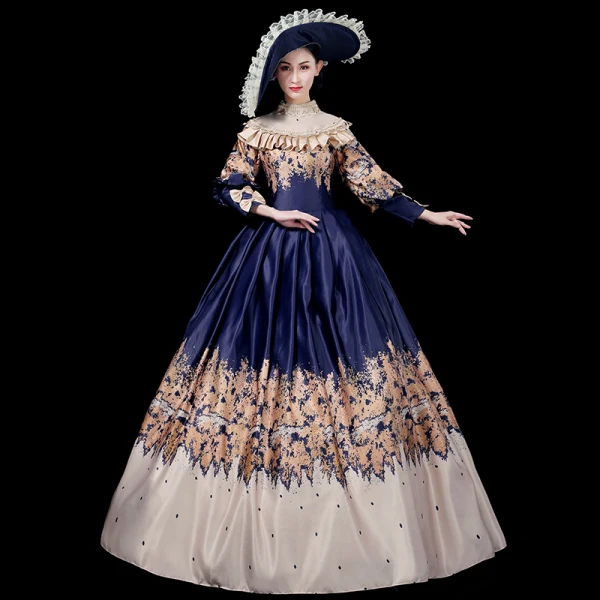 Vintage / Retro Medieval Navy Blue Ball Gown Prom Dresses 2021 Scoop Neck Long Sleeve Floor-Length / Long Lace Satin Printing Prom Formal Dresses