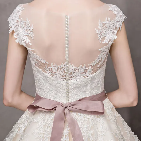 Elegant Champagne Wedding Dresses 2017 A-Line / Princess Square Neckline Short Sleeve Appliques Lace Bow Sash Pearl Knee-Length