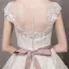 Elegant Champagne Wedding Dresses 2017 A-Line / Princess Square Neckline Short Sleeve Appliques Lace Bow Sash Pearl Knee-Length