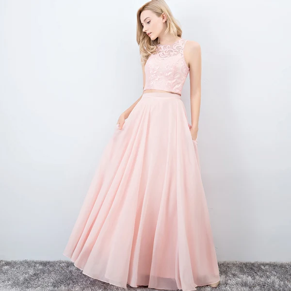2 Pièces Bleu Marine Robe De Bal 2017 Princesse Encolure Dégagée Sans Manches Longue Volants Chiffon Robe De Ceremonie