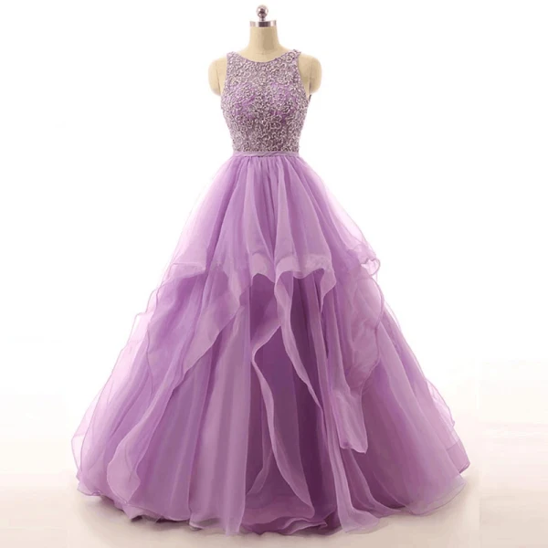 Romantic Lilac Prom Dresses Ball Gown Scoop Neck Sleeveless Backless Spaghetti Straps Organza Formal Dresses