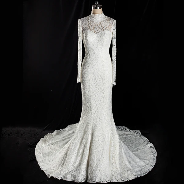 Vintage Ivory Lace Wedding Dresses 2017 Trumpet / Mermaid High Neck Long Sleeve Backless Lace Up Court Train